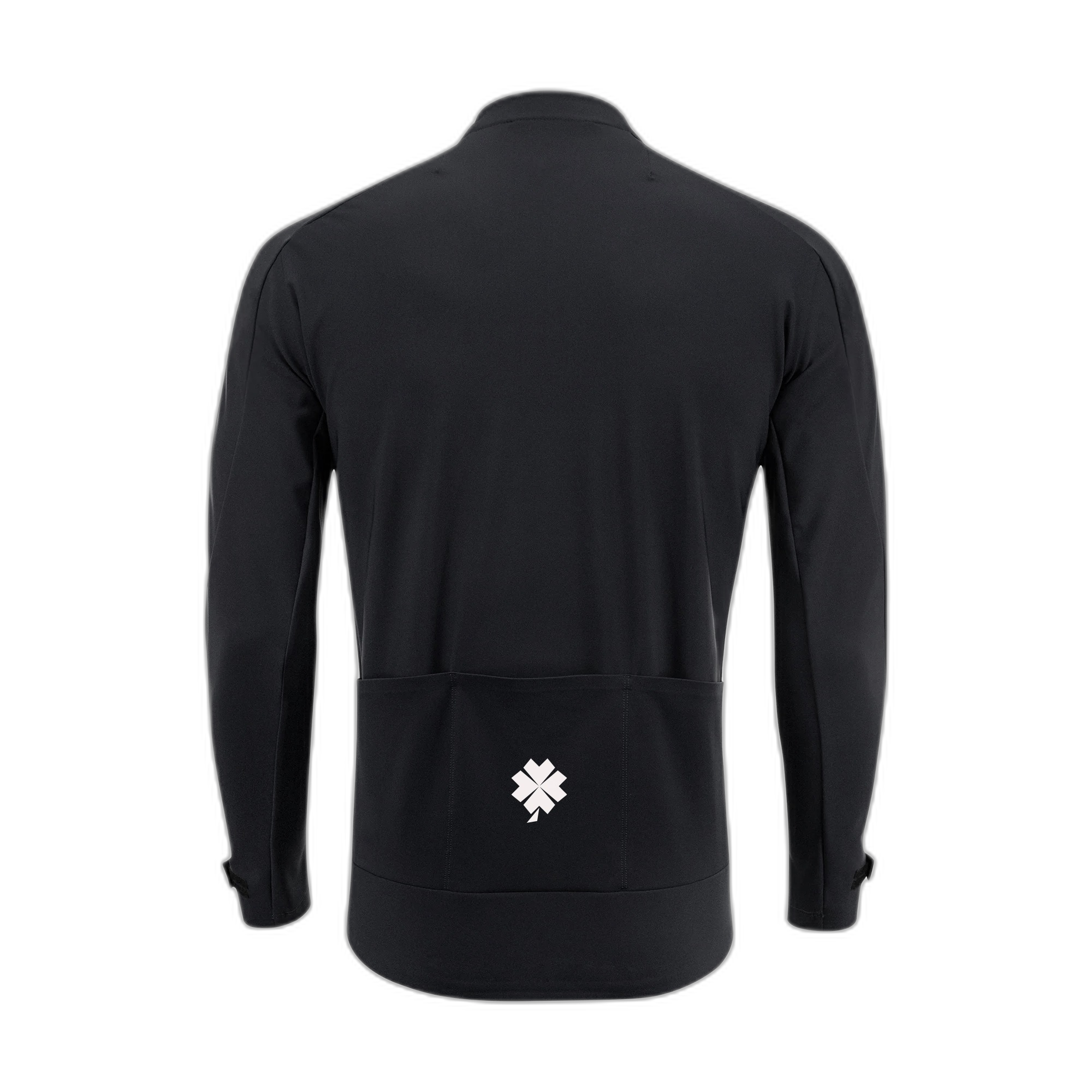 Black jacket with a white logo on the back against a white background