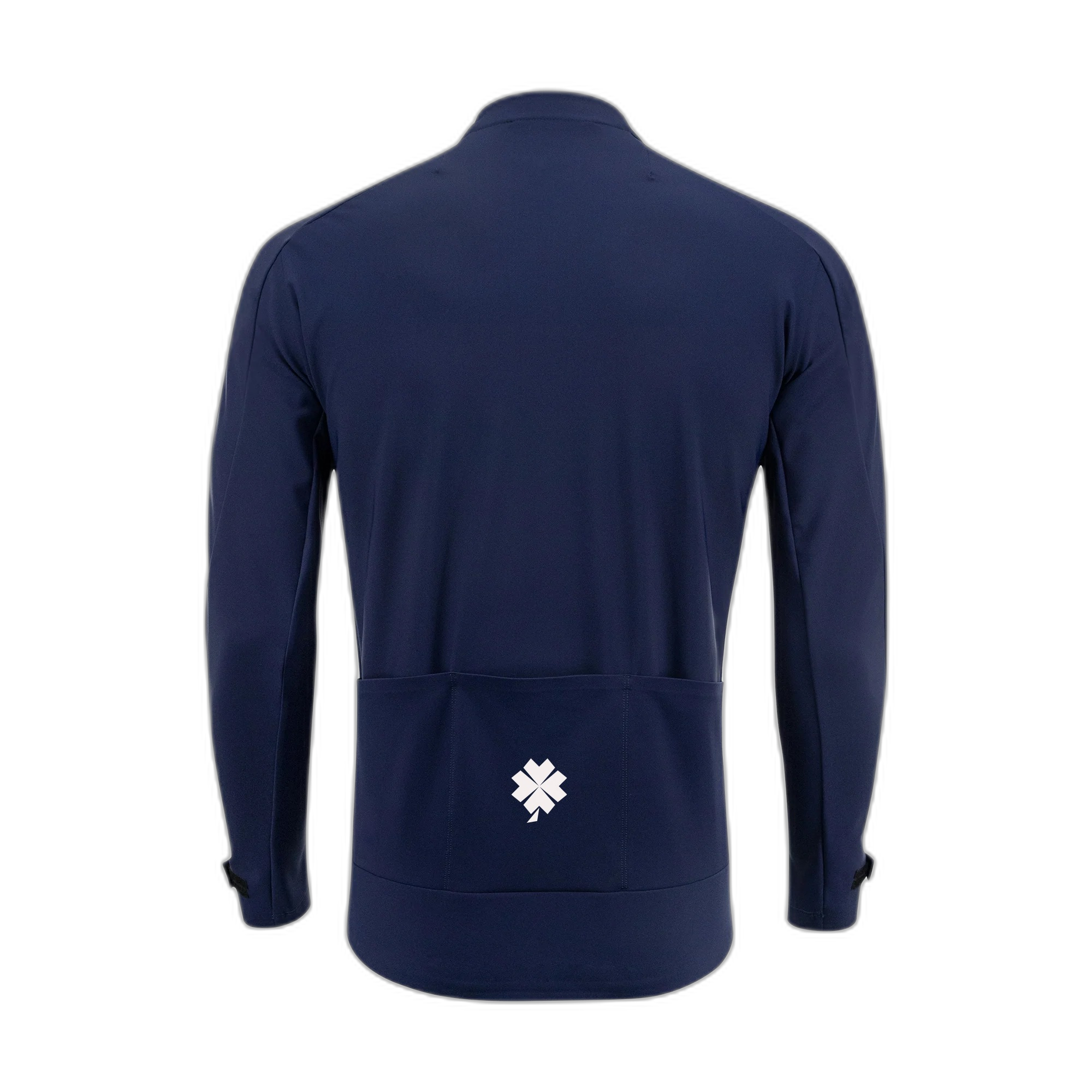 Navy blue jacket with a white logo on the back against a white background