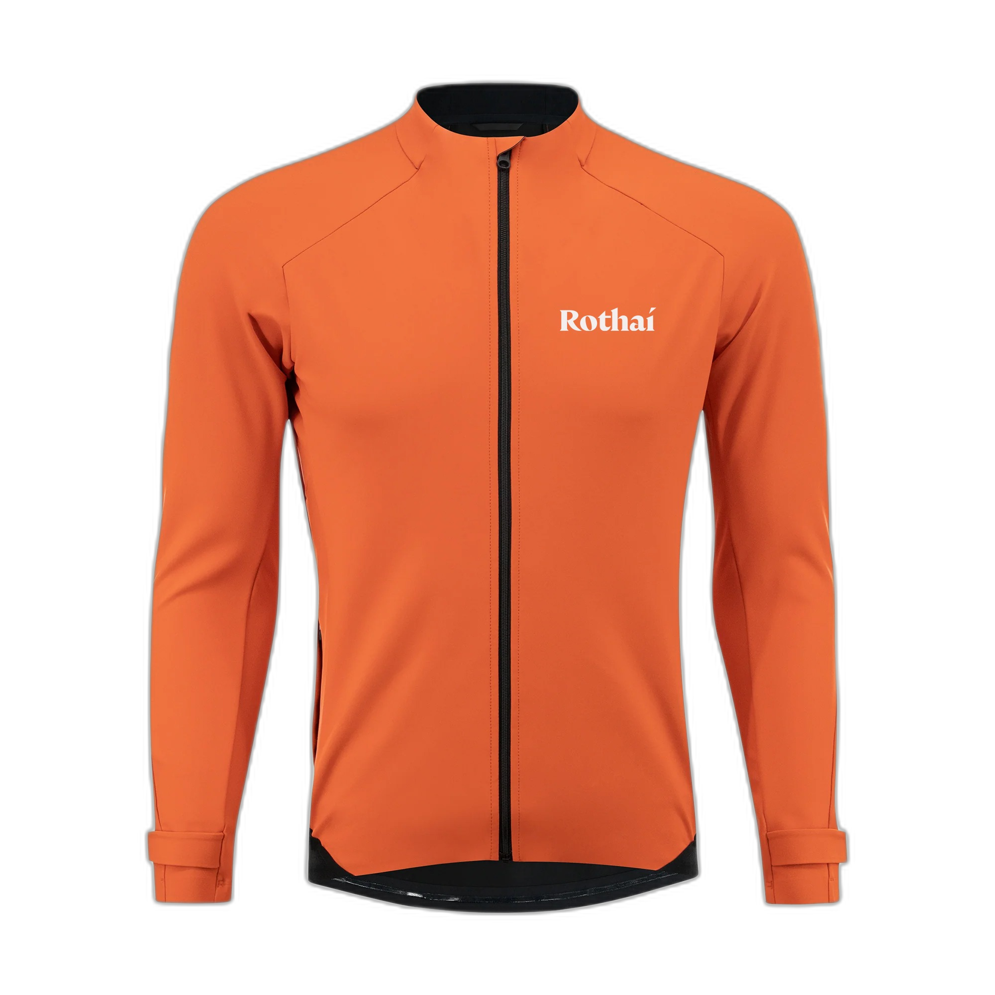 Orange jacket with black zipper and 'Rothai' branding on a white background
